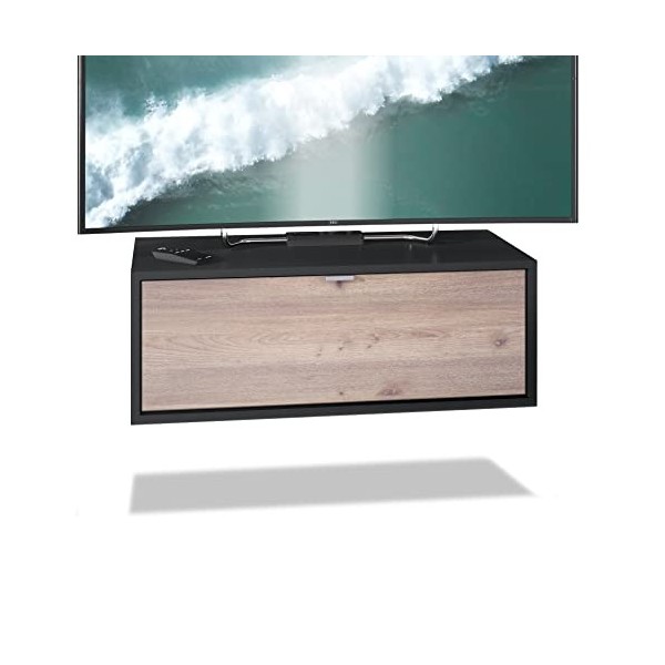 Vladon Meuble TV Lana 80 Armoire Murale lowboard 80 x 29 x 37 cm, Caisson en Noir Mat, façades en chêne Nature | Grand Choix 