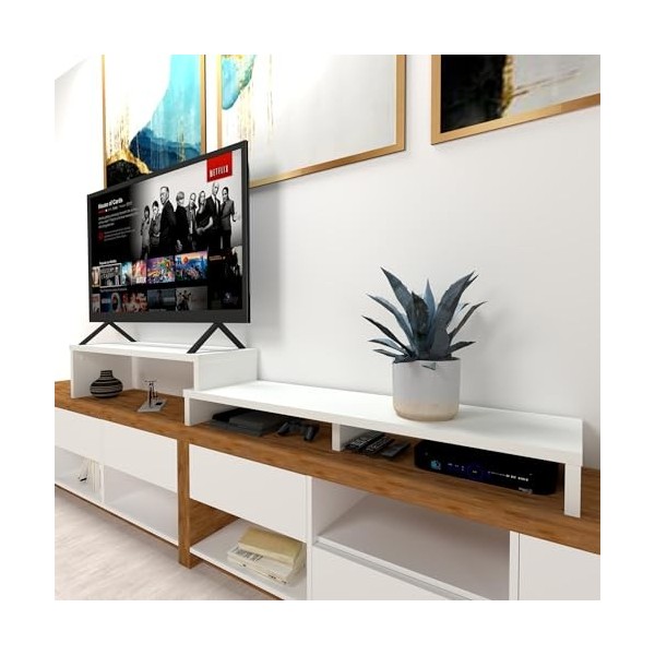 Henor Meuble TV Échelle Réglable Bois FSC® 110+140 x 35 x 30/15 cm Blanc