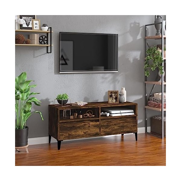 Higsose Meuble TV Chêne Fumé 100x34,5x44,5 cm Bois dingénierie Classique Unité TV Dessus Robuste Unité Multimédia Placer Obj