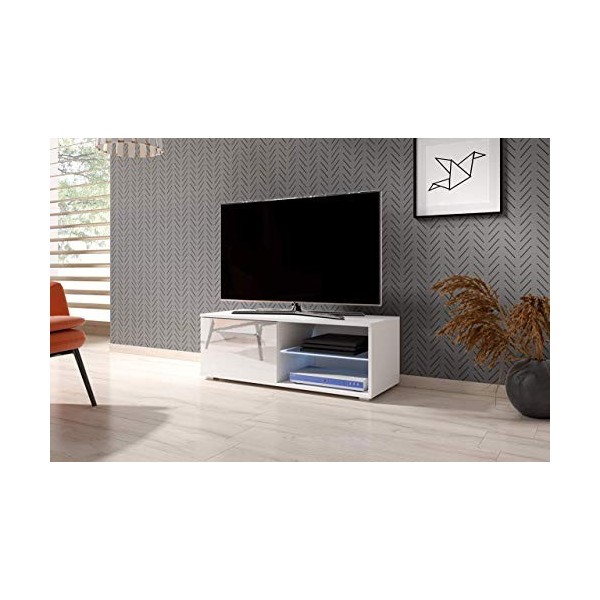 3xEliving Meuble TV moderniste Punes Blanc/Blanc Brillant 100 cm LED