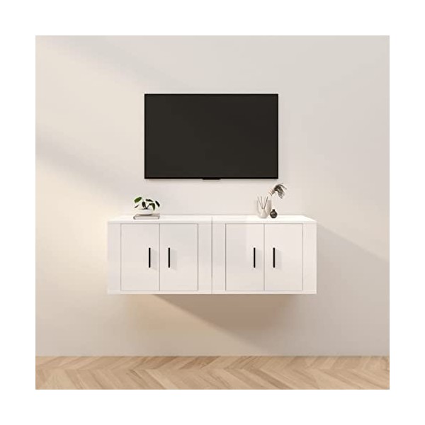 Camerina Meubles TV muraux 2 pcs Blanc Brillant 57x34,5x40 cm,Meuble TV,Table Basse Salon Meuble TV,Table Basse LED Couleurs