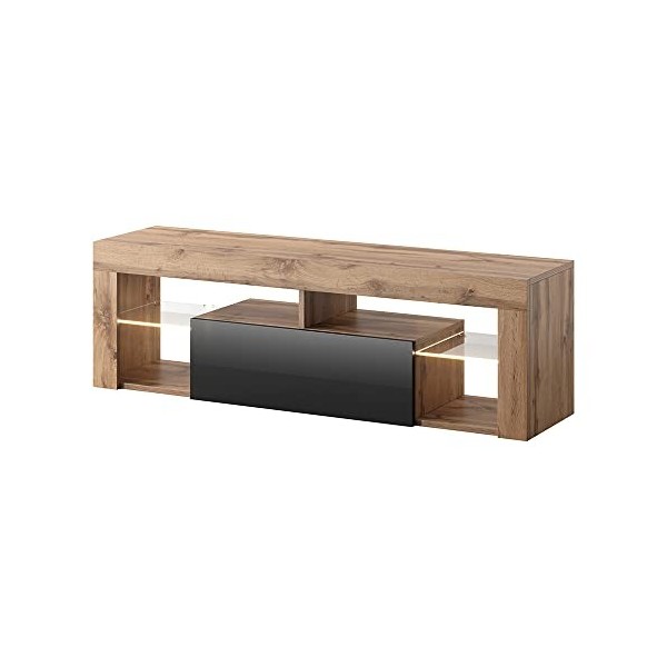 Selsey Hugo - Meuble TV/Banc TV 140 cm, Chene Lancaster/Noir Brillant, avec LED 