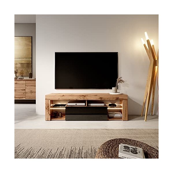 Selsey Hugo - Meuble TV/Banc TV 140 cm, Chene Lancaster/Noir Brillant, avec LED