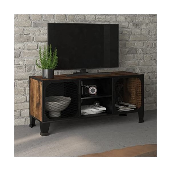 Annlera Meuble TV Noir 105x35x42 cm Métal Banc TV Industrielle Armoire Multimédia Maison Salon Espace de Divertissement Meubl