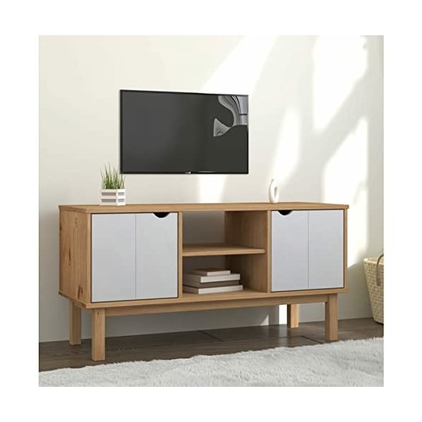 CIADAZ Meuble TV OTTA Marron et Blanc 113,5x43x57cm Bois de pin Massif,Meuble TV,Meuble TV Moderne,Meuble de Salon