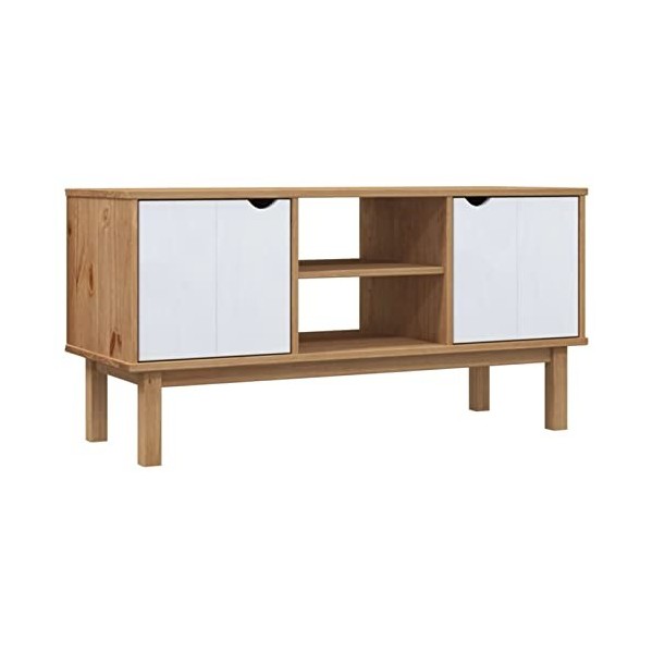 CIADAZ Meuble TV OTTA Marron et Blanc 113,5x43x57cm Bois de pin Massif,Meuble TV,Meuble TV Moderne,Meuble de Salon