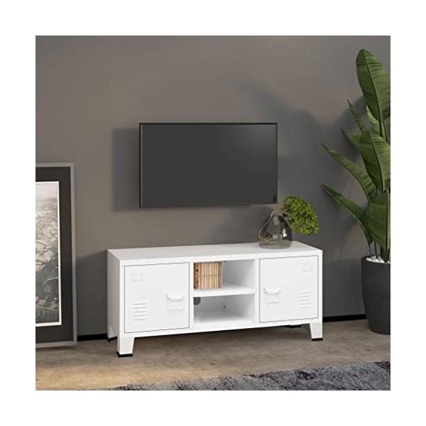 FIRBNUS Meuble TV Style Industriel Blanc 105x35x42 cm Métal Armoire Média a 2 Portes et 1 Etagère Grand Espace de Rangement p