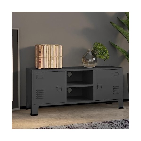 FIRBNUS Meuble TV Style Industriel Blanc 105x35x42 cm Métal Armoire Média a 2 Portes et 1 Etagère Grand Espace de Rangement p