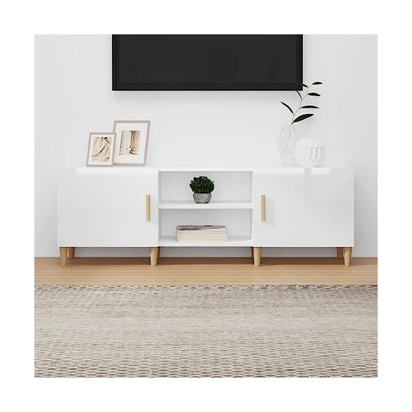 Meuble TV Blanc Brillant 150x30x50 cm Bois dingénierie - Meuble TV de Salon Banc Télé Industriel, Support Rangement Console 