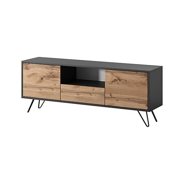 Selsey Ploystea - Meuble TV - 137 cm, Noir/Chêne wotan - Style Moderne