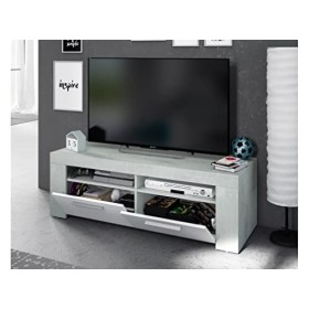 Loungitude - Meuble TV avec 2 portes et 2 niches de rangement L120 cm - Blanc/béton