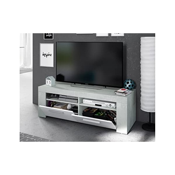 Loungitude - Meuble TV avec 2 portes et 2 niches de rangement L120 cm - Blanc/béton