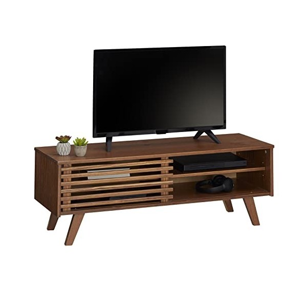 IDIMEX Meuble TV Sean Banc télé de 115 cm au Design Vintage avec 4 niches et 1 Porte coulissante ajourée, en pin Massif lasur