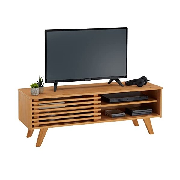 IDIMEX Meuble TV Sean Banc télé de 115 cm au Design Vintage avec 4 niches et 1 Porte coulissante ajourée, en pin Massif lasur