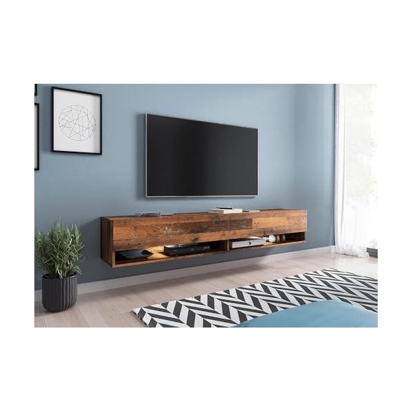 PIASKI Meuble TV Lowboard A 180 cm Meuble TV Couleur Bois Old Style Meuble TV Flotant Meuble de salon Sans éclairage LED Marr