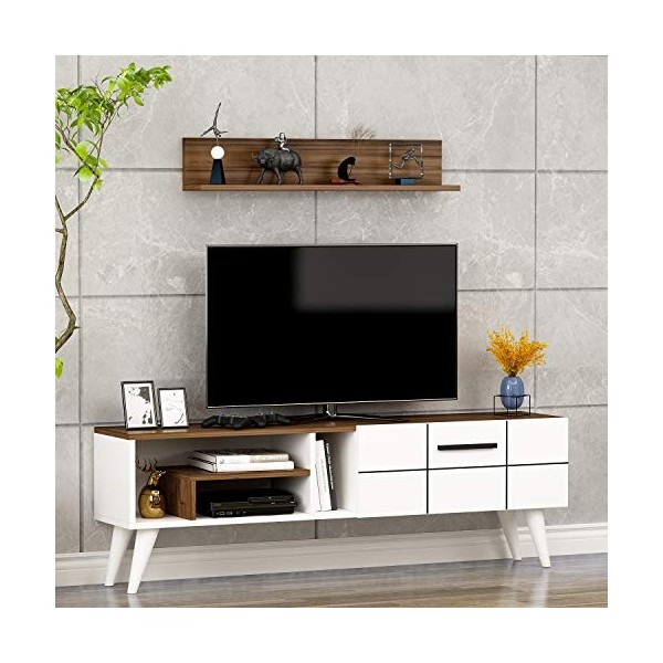 Nora Meuble TV - Banc TV - Moderne Salon Ensemble de Meubles avec étagère Murale au Design élégant Blanc/Noyer 