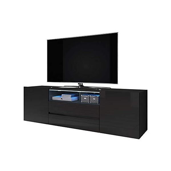 Selsey Bros - Meuble TV/Banc TV 140 cm, Noir Mat/Noir Brillant, avec LED 