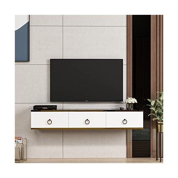 Emma Meuble TV - Banc TV - Meuble TV Suspendu - 3 Compartiments spacieux - Style Contemporain Emma - Blanc 