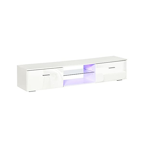HOMCOM Meuble TV LED Style Contemporain - 2 placards Porte abattante, étagère Verre - Panneaux Particules MDF Blanc laqué