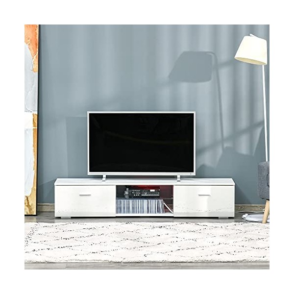 HOMCOM Meuble TV LED Style Contemporain - 2 placards Porte abattante, étagère Verre - Panneaux Particules MDF Blanc laqué