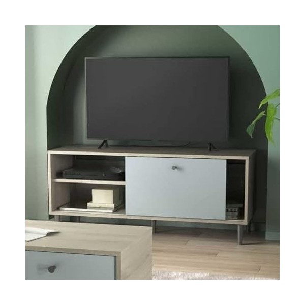 DANSMAMAISON Meuble TV 1 Porte 2 niches Vert/Chêne - TYARI - Dimensions : L 110 x l 39 x H 47 cm