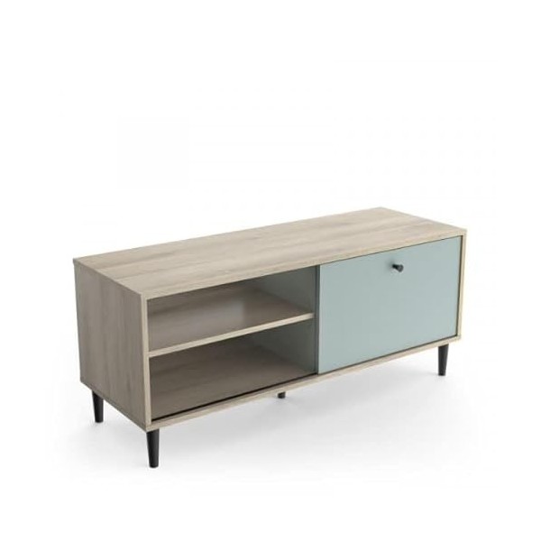 DANSMAMAISON Meuble TV 1 Porte 2 niches Vert/Chêne - TYARI - Dimensions : L 110 x l 39 x H 47 cm