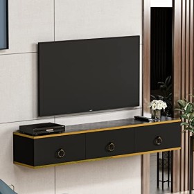 Emma Meuble de salon - Meuble TV - Armoire suspendue - Meuble bas avec 3 portes au design brillant Emma - Noir 