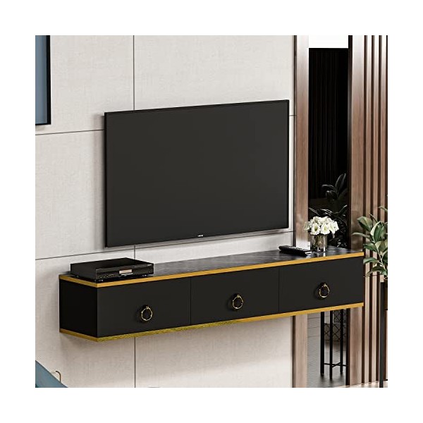 Emma Meuble de salon - Meuble TV - Armoire suspendue - Meuble bas avec 3 portes au design brillant Emma - Noir 