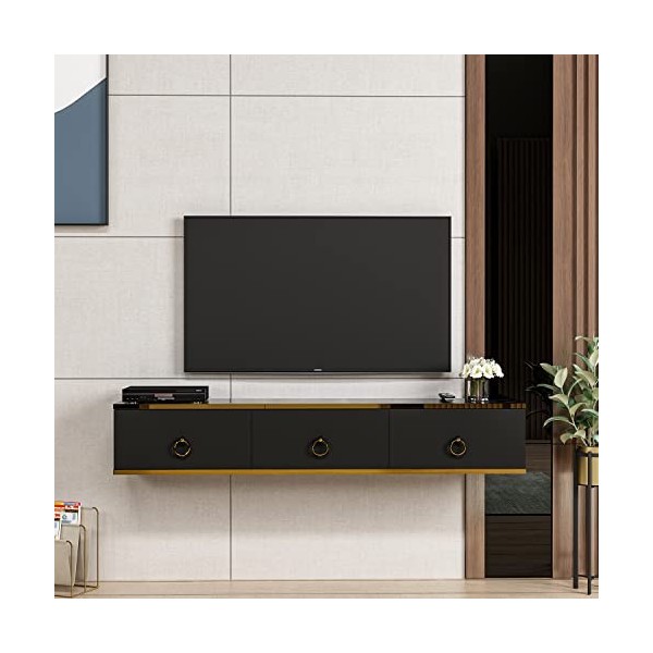 Emma Meuble de salon - Meuble TV - Armoire suspendue - Meuble bas avec 3 portes au design brillant Emma - Noir 