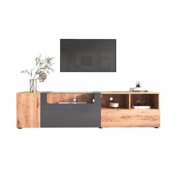 Yiiannda Meuble TV bas gris foncé et bois style maison de campagne naturelle avec lumières LED changeantes et plateau en verr