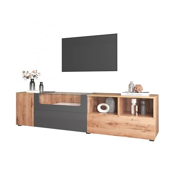 Yiiannda Meuble TV bas gris foncé et bois style maison de campagne naturelle avec lumières LED changeantes et plateau en verr