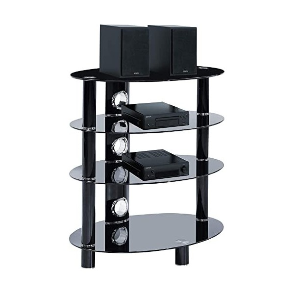 Homeology Haligon Étagère ovale 4 étagères en verre noir brillant avec pieds noirs