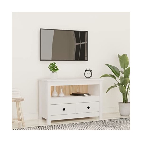Meuble TV Blanc 79x35x52 cm Bois de pin Massif - Meuble Chambre, Support Télé pour Salon Salle à Manger Chambre, Style Indust