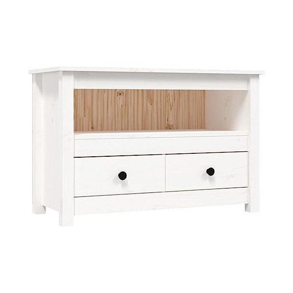 Meuble TV Blanc 79x35x52 cm Bois de pin Massif - Meuble Chambre, Support Télé pour Salon Salle à Manger Chambre, Style Indust