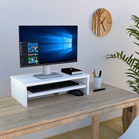 Henor Support Moniteur TV avec Plateau Amovible en Bois FSC® 62 x 32 x 18 cm. Supporte 50 Kg. Blanc