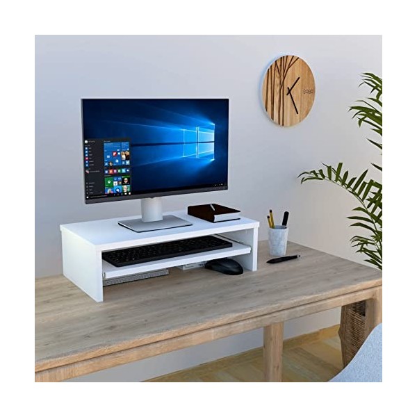 Henor Support Moniteur TV avec Plateau Amovible en Bois FSC® 62 x 32 x 18 cm. Supporte 50 Kg. Blanc