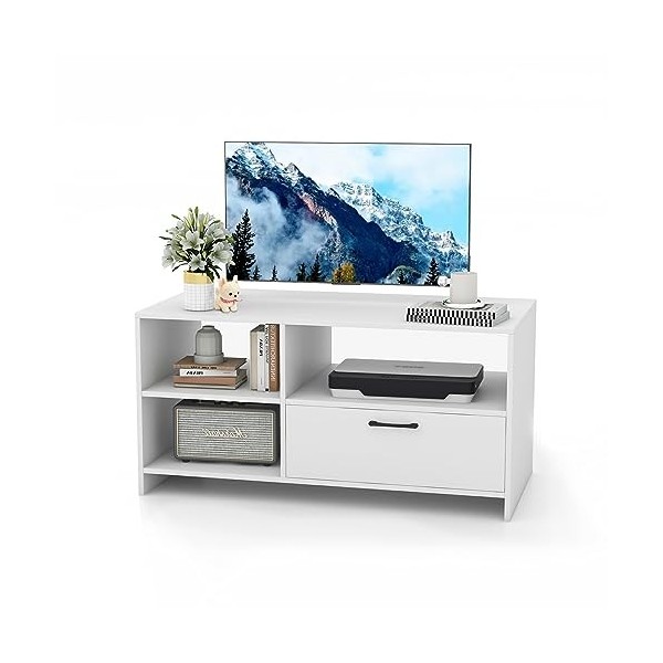 KOMFOTTEU Meuble TV en Bois avec Tiroir, Table TV avec 3 Casiers de Rangement, Banc TV pour Télé jusquà 50 Pouces, Table Bas
