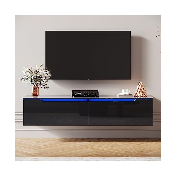 SIRHONA Meuble TV LED, Meuble TV Noir Laqué éclairage LED avec 16 Couleurs Ajustables, Plateau TV Haute Brillance, sur Pied o