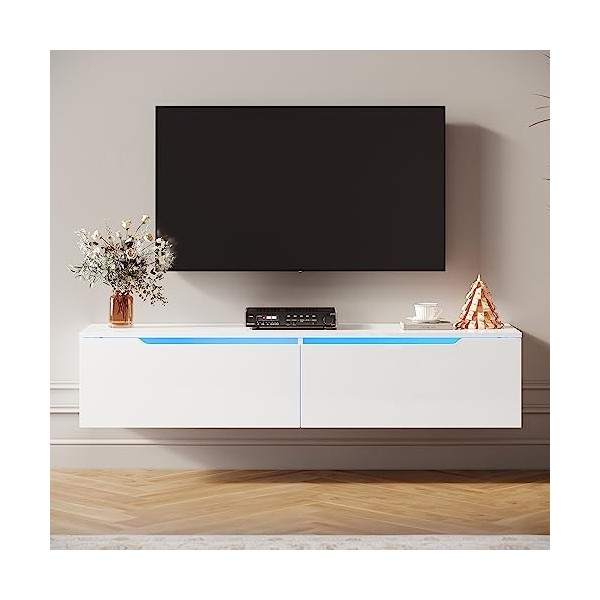 SIRHONA Meuble TV LED, Meuble TV Noir Laqué éclairage LED avec 16 Couleurs Ajustables, Plateau TV Haute Brillance, sur Pied o