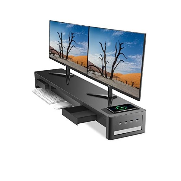 Meatanty Support Double écran 3 en 1 avec 2 tiroirs de Rangement, 1 Module de Chargement sans Fil et 4 Ports USB, Support dé