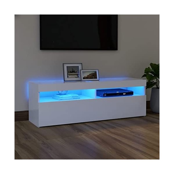 Meuble TV avec LED | Style Contemporain | Rangement matériel télé Audio Video Gaming | 120x35x40cm Blanc