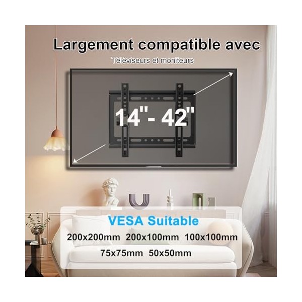 JXMTSPW Support Mural TV Inclinable pour écrans 14-42 Pouces,Support de Moniteur,Support VESA Max 200x200mm, Fixation Murale 