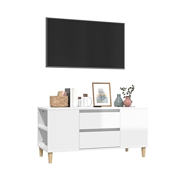 Tidyard Meuble TV de Salon Banc TV de Salon Style Scandinave Meuble de Télévision Blanc Brillant 102x44,5x50 cm Bois dingéni