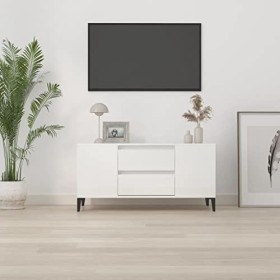 Keyur Meuble TV, Banc TV Buffet Bas Support de Télévision Meuble Télé Meuble TV Blanc Brillant 102x44,5x50 cm Bois dingénier