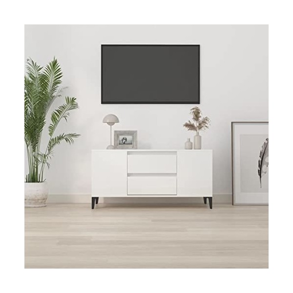 Keyur Meuble TV, Banc TV Buffet Bas Support de Télévision Meuble Télé Meuble TV Blanc Brillant 102x44,5x50 cm Bois dingénier