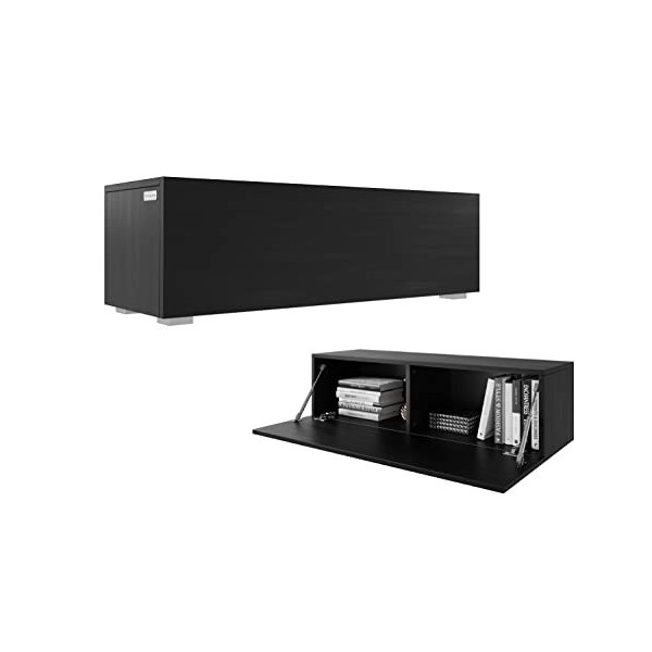 Meuble TV bas avec cadre brillant 105 cm de large corps noir mat + façade noir mat 