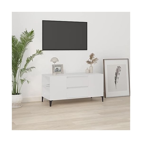 Hovothy Meuble TV Blanc 102x44,5x50 cm Bois dingénierie Armoire Télévision Décoration Salon Intérieure Dessus Robuste Vitrin