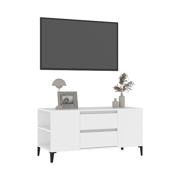 Hovothy Meuble TV Blanc 102x44,5x50 cm Bois dingénierie Armoire Télévision Décoration Salon Intérieure Dessus Robuste Vitrin