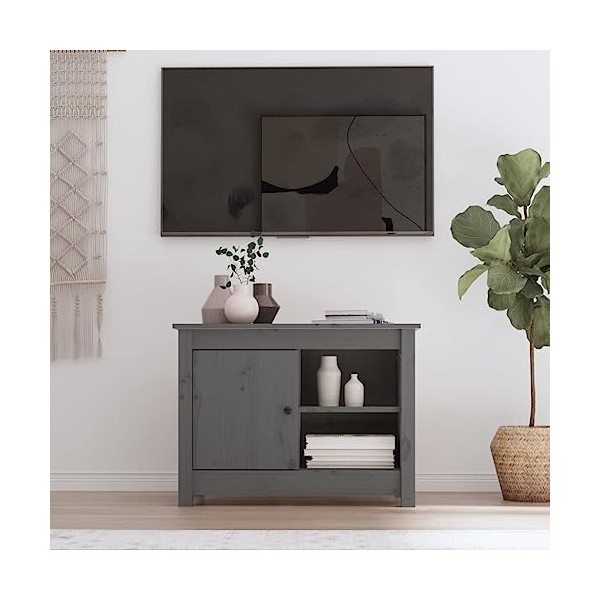 FIRBNUS Meuble TV Gris 70x36,5x52 cm Bois de Pin Massif Armoire TV Salon Classique Armoire Média Grand Espace de Rangement po