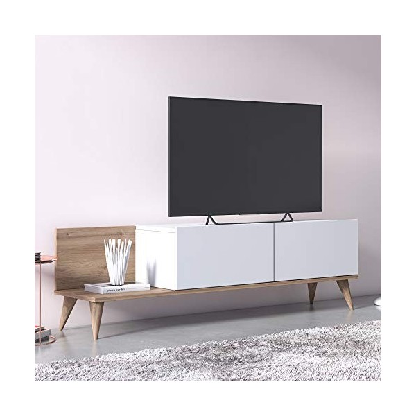 Dmora - Meuble TV de salon avec deux portes battantes, 152 x 35 x 43 cm, coloris chêne et blanc